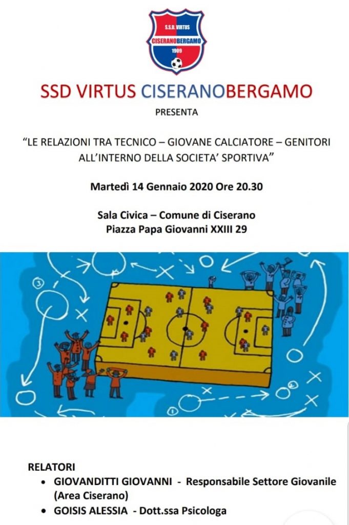 “Le relazioni tra tecnico-giovane calciatore-genitori all’interno della società sportiva”, martedì 14 gennaio un incontro a Ciserano