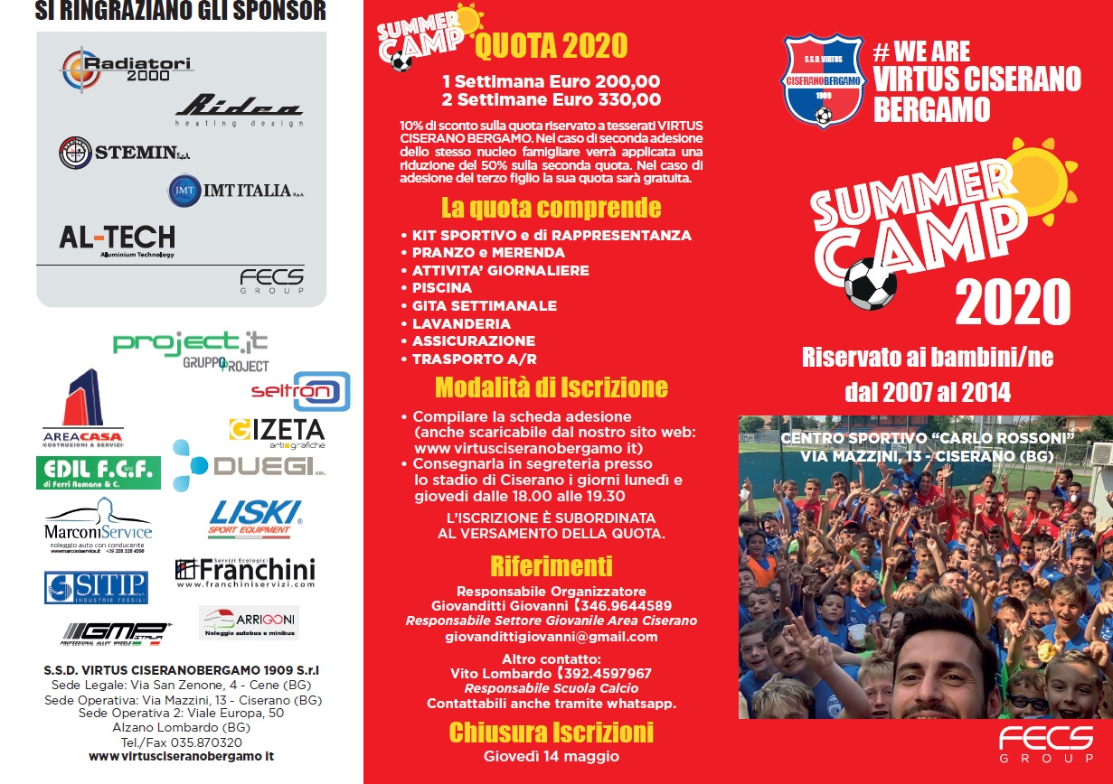 Summer Camp 2020: a Ciserano dieci giorni dedicati ai più piccoli. Scarica il programma ed il modulo di adesione