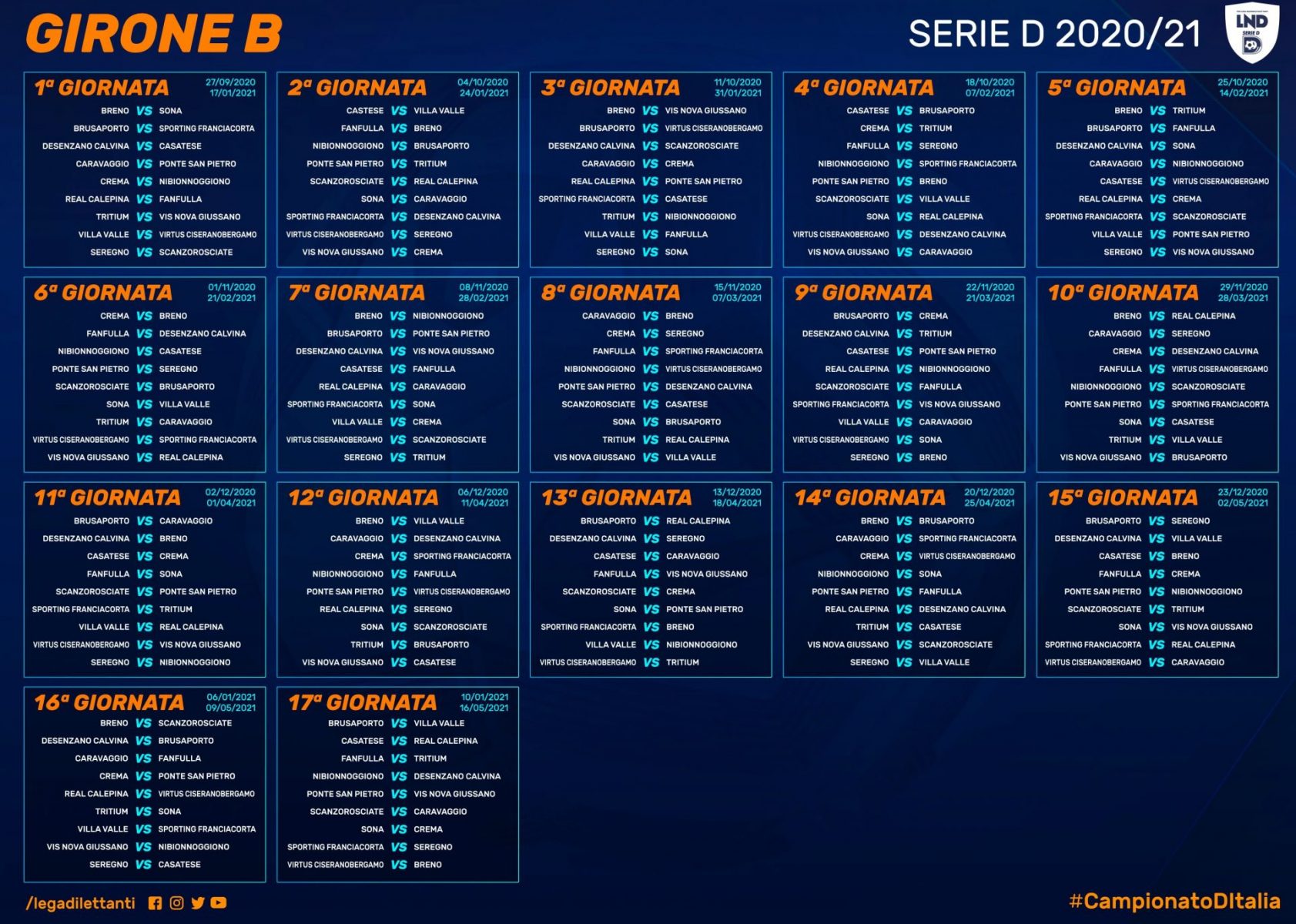 Il calendario del girone B Serie D 2020-2021: Villa d’Almè, Seregno e Brusaporto le prima avversarie dei ragazzi di Del Prato