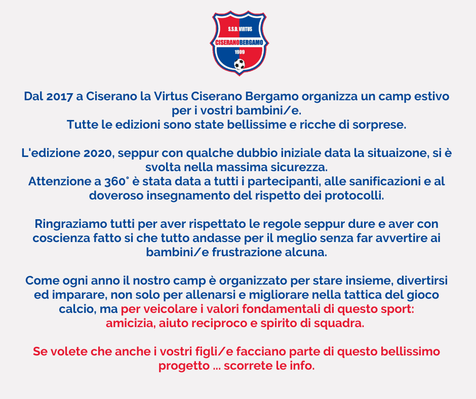 Galleria Torna il VCBG Summer Camp: scarica l’adesione per partecipare all’edizione estiva. Tre settimane di calcio e divertimento con gli allenatori rossoblù!