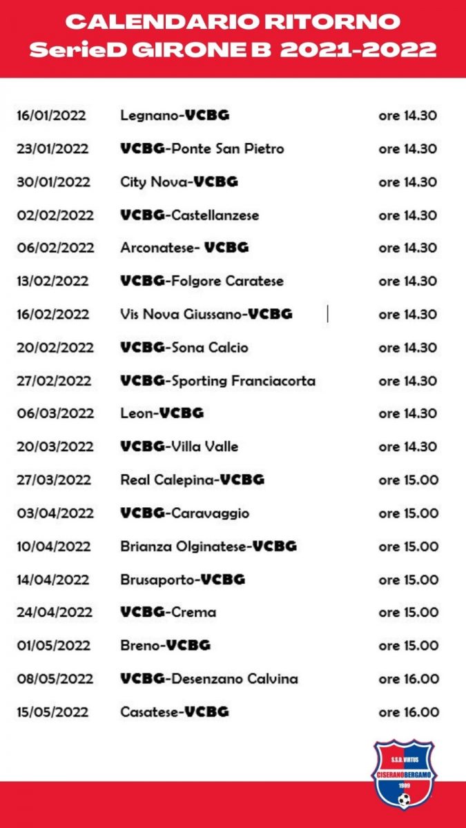 Calendario girone B Serie D 2021-2022: all’esordio sarà Virtus Ciserano Bergamo-Legnano