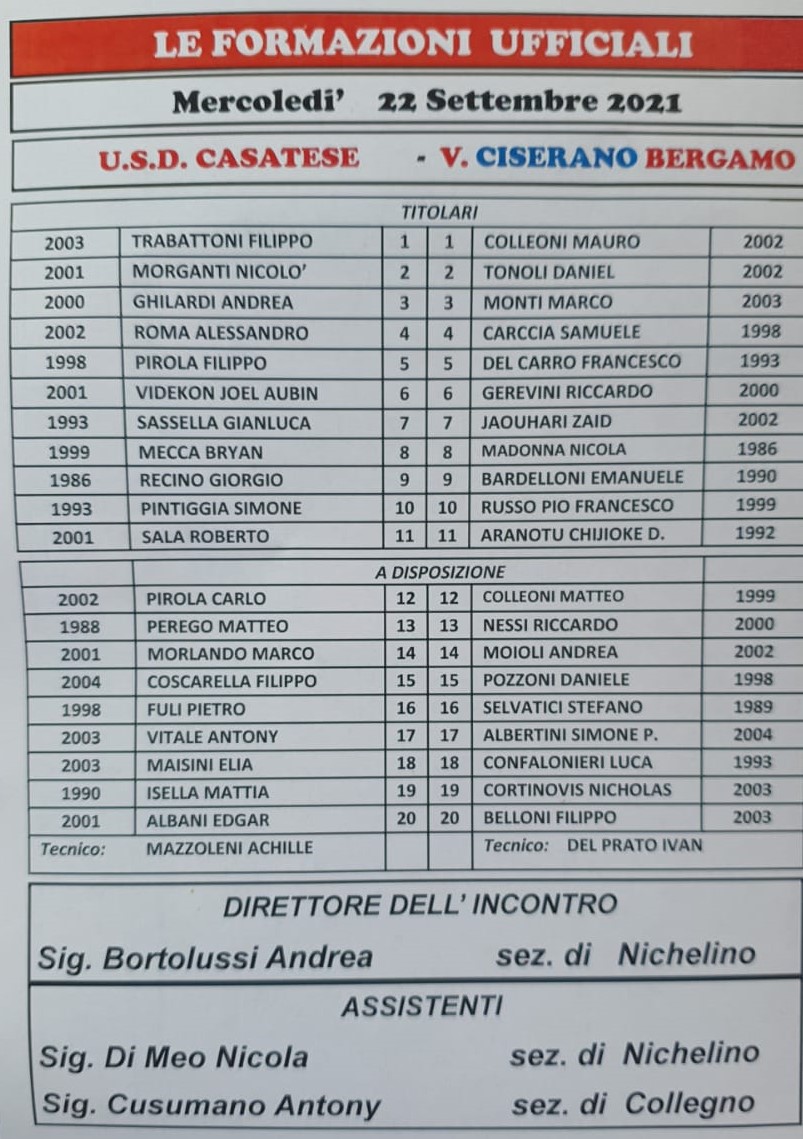 Segui il live del 1° turno di Coppa Italia tra Casatese e Virtus Ciserano Bergamo (finale 23 Segui il live del 1° turno di Coppa Italia tra Casatese e Virtus Ciserano Bergamo (finale 23