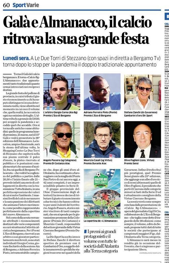 Galà del Calcio Bergamasco: premiati Olivo Foglieni e Maurizio Casali della Virtus Ciserano Bergamo